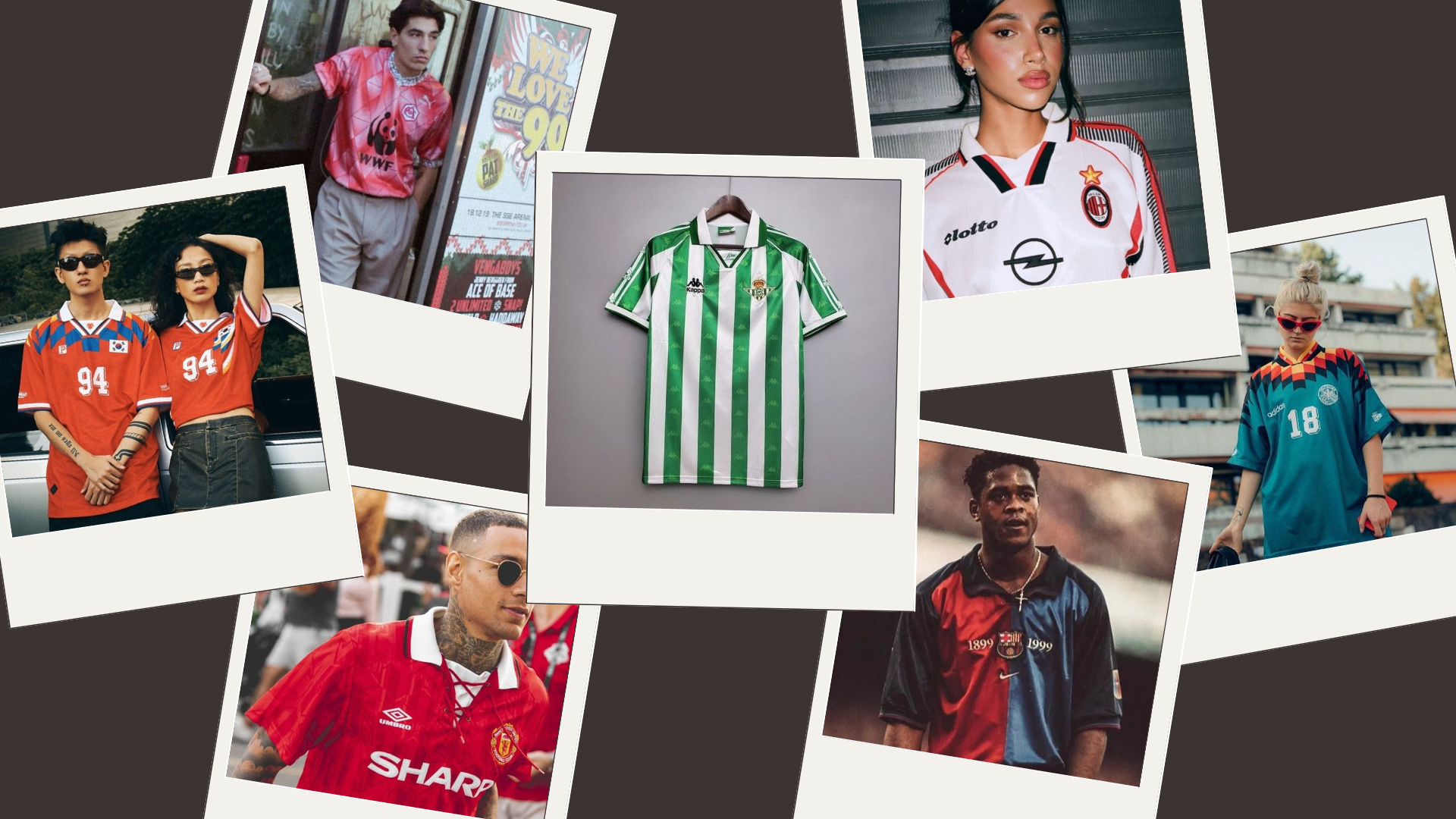 Voetballers en modellen die retroshirts dragen